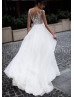 Cap Sleeves Beaded Ivory Lace Tulle Chic Wedding Dress